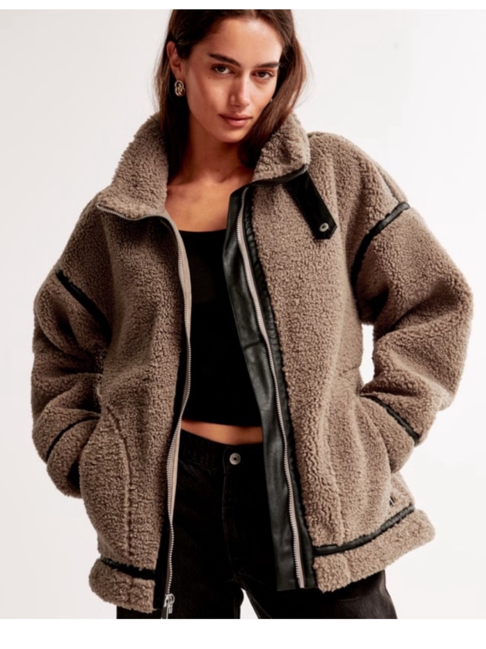 Abercrombie & Fitch Teddy Sherpa Jacket in Taupe with Black Trim